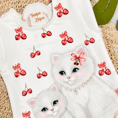 Vestido Manga Curta Gatinhas e Cerejinhas - Off White e Vermelho